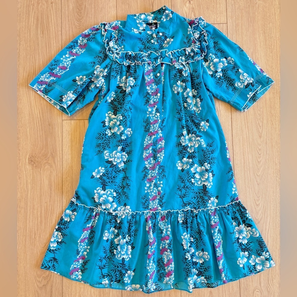 Vintage Hawaiian Blue Hibaicus Floral Muumuu Caftan House Dress Midi
